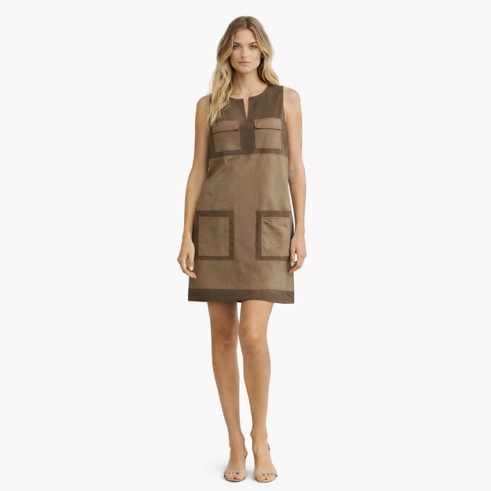 Jenni Kayne Utility Shift Dress Size S Tan Brown Cotton Silk Lined Pocket Dress